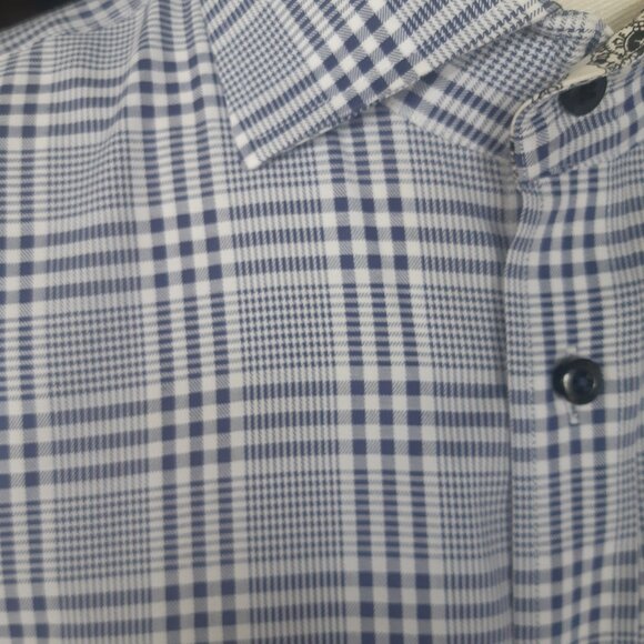 Thomas Dean SZ M French Cuff 100% Cotton Navy/White Plaid Men's Button Up Shirt - Picture 10 of 15